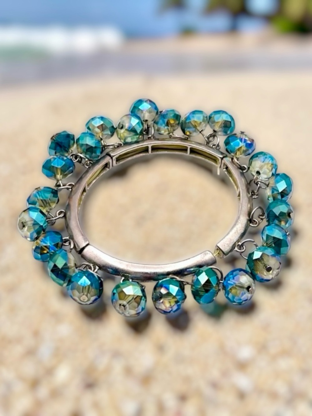 Boho Silver Stretch Bracelet With Dangling Faceted Aurora Borealis Crystal Beads